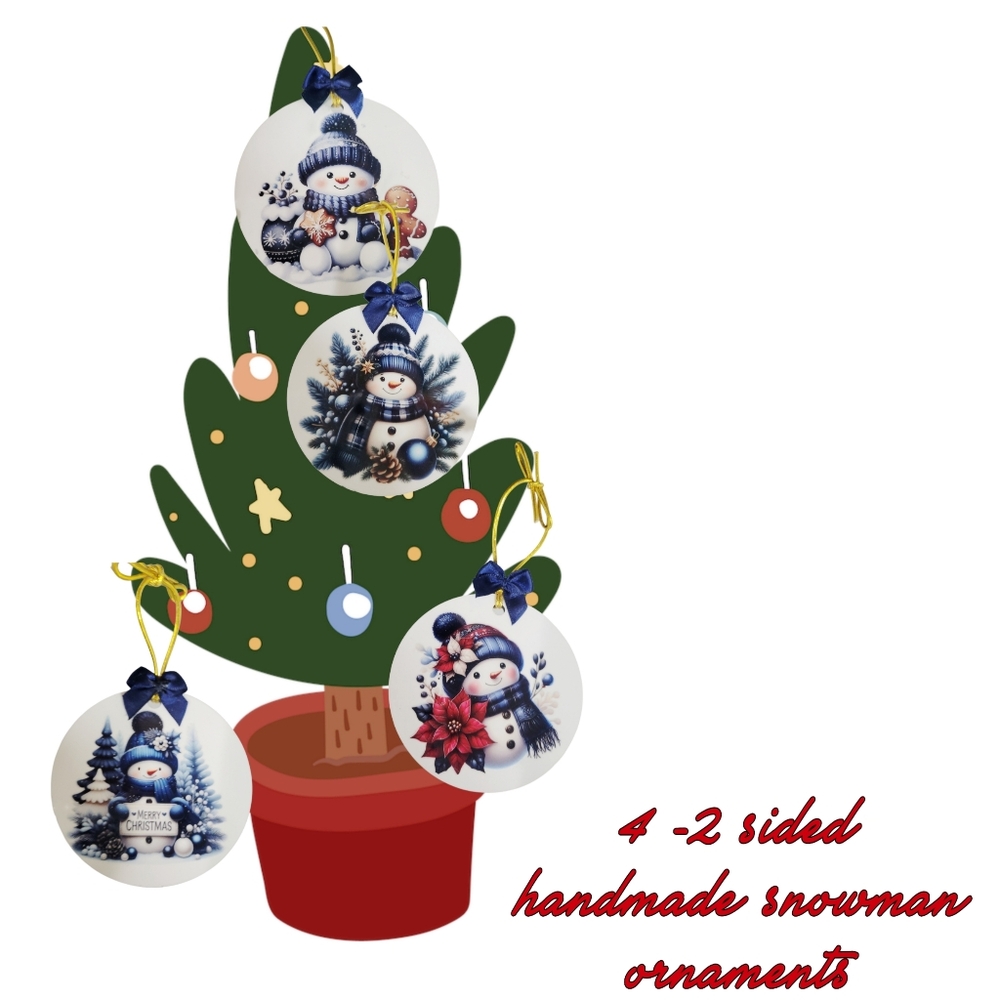NWT 4 HANDMADE 2 SIDED BLUE SNOWMAN ORNAMENTS CHRISTMAS W Glittery Snow And Bow - Picture 5 of 6